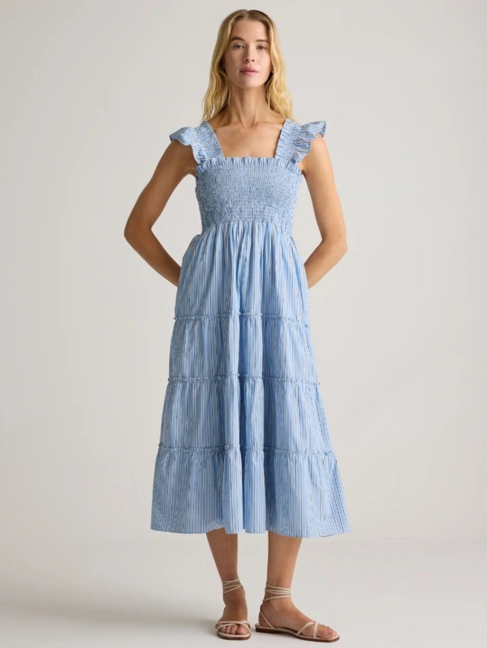 Quince Tribeca Striped 100% Organic Cotton Poplin Smocked Midi Dress XL